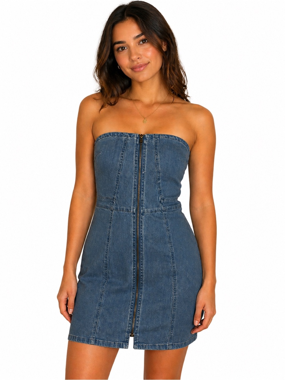 BIASHE Slim fit Heart Shape Neckline Strapless Denim Zip-Front Mini Dress - Blue